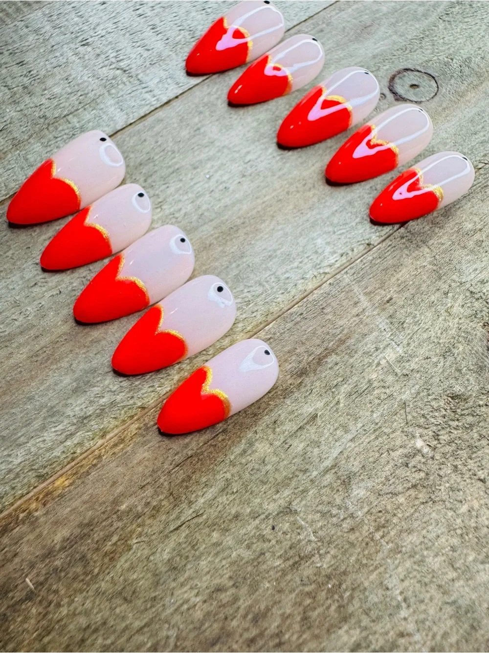 Handmade Red Heart French Tip Press On Nails Size Large + Nail Kit NEW